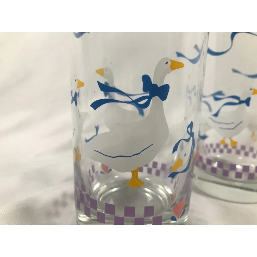 Vintage 80s Country Goose Drinking Glasses White Blue Ribbon Hearts Set of 2